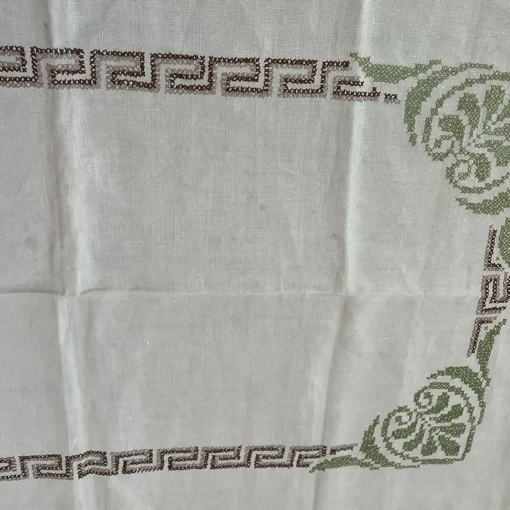 Vintage Beige Linen Tablecloth 73 x 56 Cross-stitch Embroidery Greek Key Border